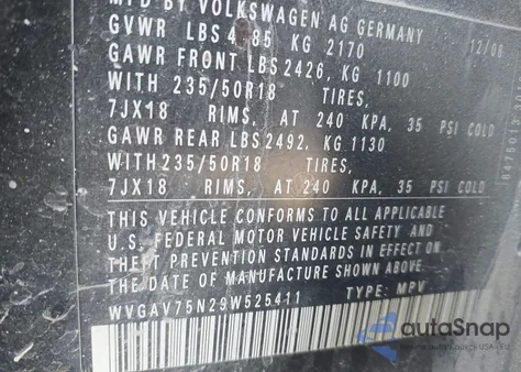 2009 Volkswagen Tiguan S/Se/Sel из США, поврежденный, VIN WVGAV75N29W525411